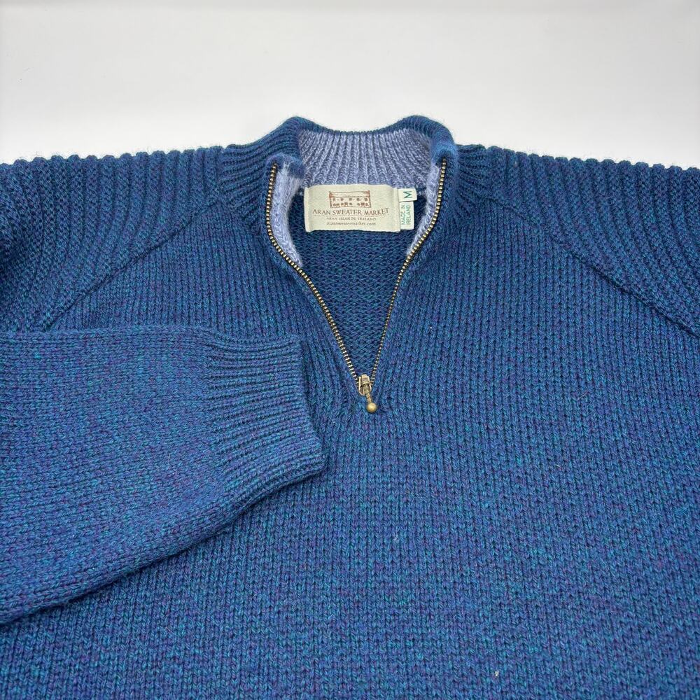 Aran Sweater Market Mens Medium Blue 1/4 Zip Merino Wool Knit Made In Ireland
